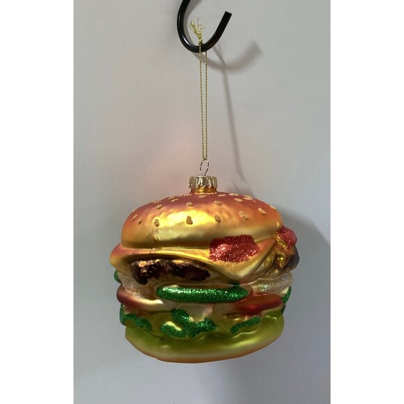 Cheeseburger Hamburger Art Glass Painted Glitter Ornament Large Size - Picture 5 of 7